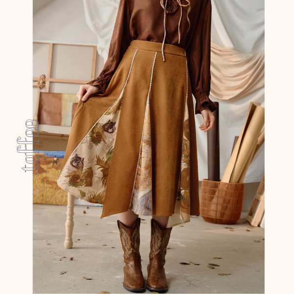 【2color】名画が踊る、切替アートプリントスカート《Z01123》