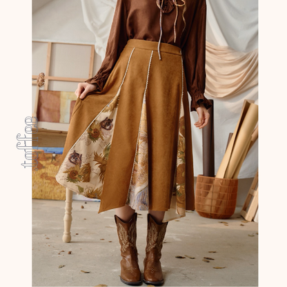 【2color】名画が踊る、切替アートプリントスカート《Z01123》