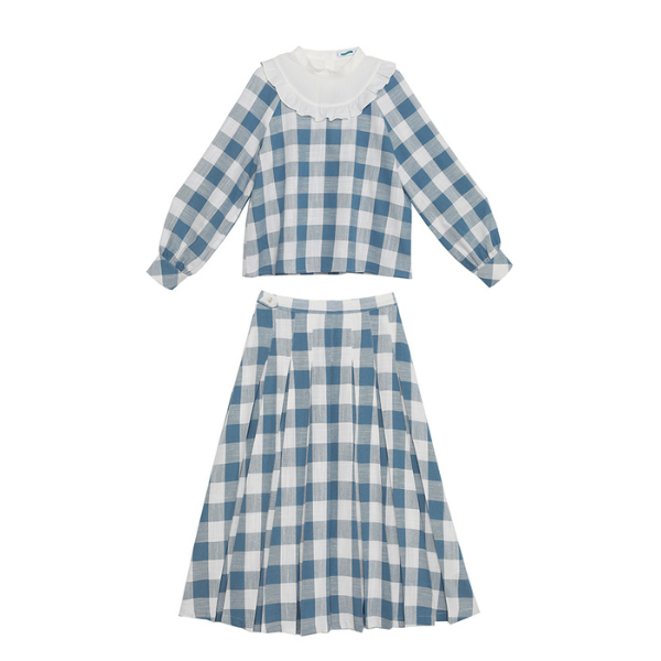 チェック柄ドールカラーブラウス＆スカートセットアップ Z00085