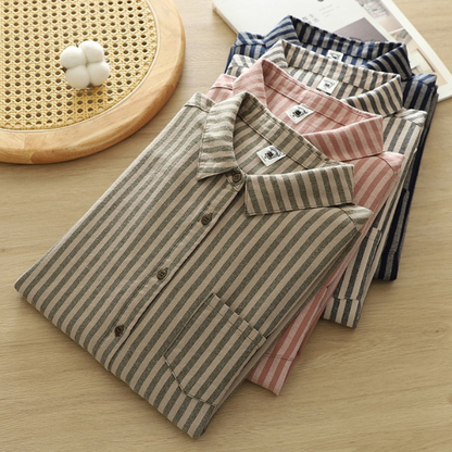 【4color】胸ポケット付きストライプ柄ボタンダウンシャツ　《Z00727》