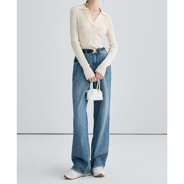 デニムブルーハイウエストワイドレッグジーンズ X-539