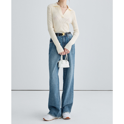 デニムブルーハイウエストワイドレッグジーンズ X-539