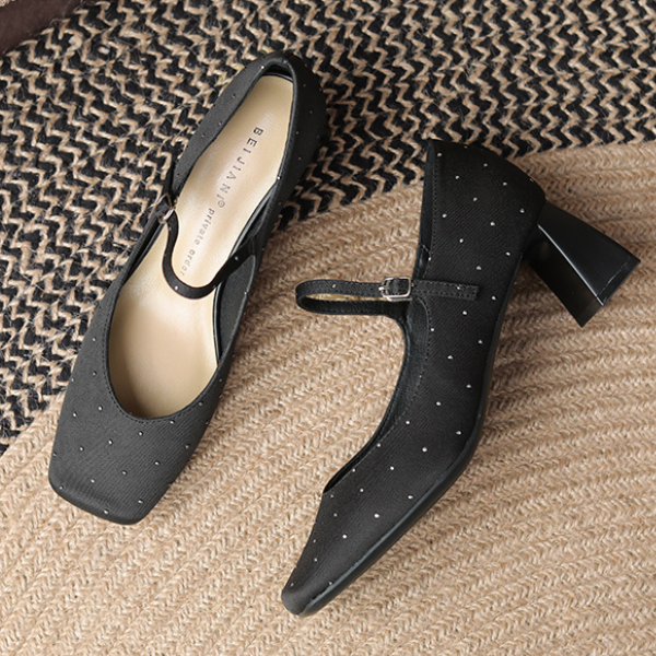 【2color】スクエアトゥチャンキーヒールドットパンプス X-536