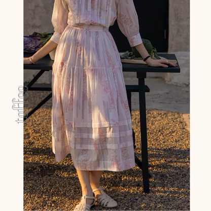 桜ピンクプリーツシャツ＆ミモレ丈ティーアドスカートセットアップ《Z00867》