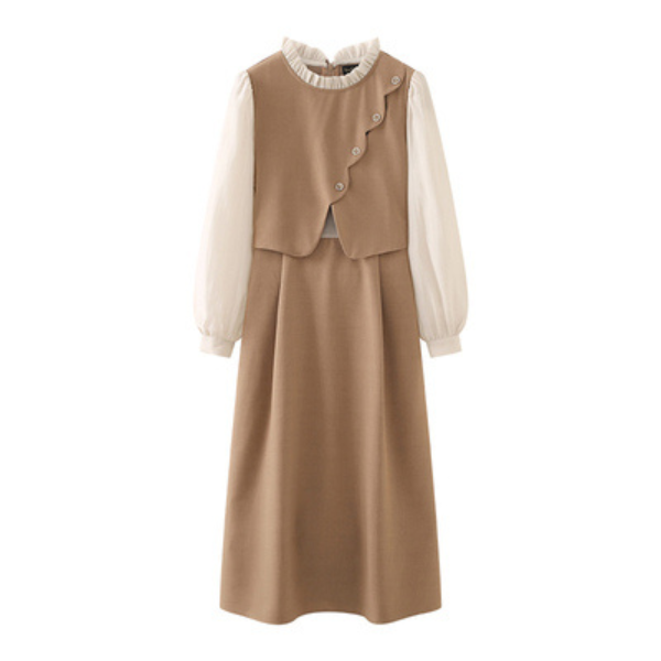 【3color】フェイクツーピース パールエッジワンピース X-424