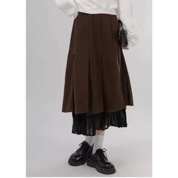 【3color】プリーツドッキングスカート X-014