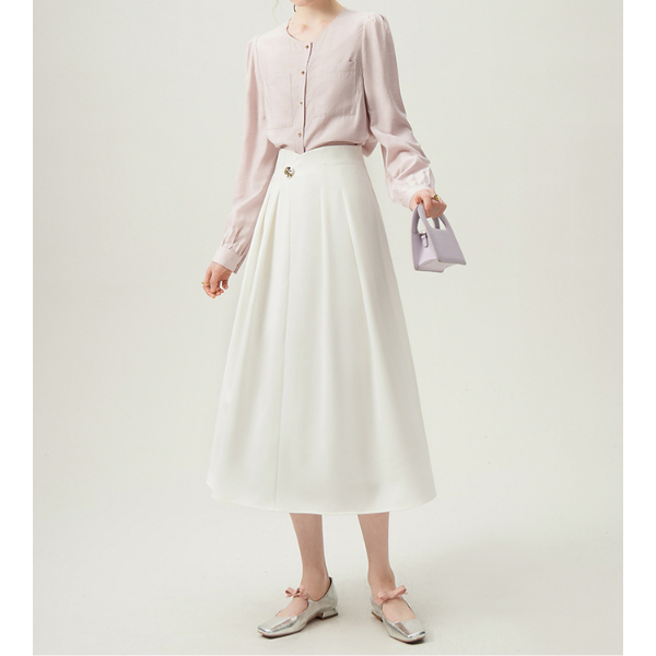 【2color】ゴールドボタン付きハイウエストAラインスカート Z00094