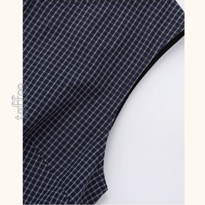 小さな格子のネイビーノースリーブワンピース《Z01089》