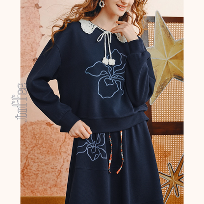 かぎ針襟と花刺繍のネイビーセット《Z01135》