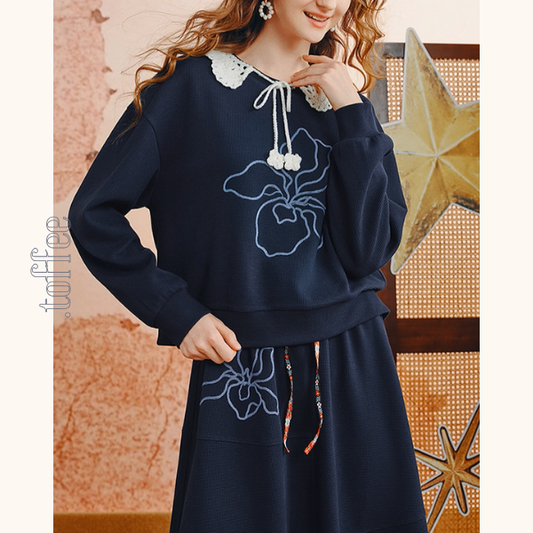 かぎ針襟と花刺繍のネイビーセット《Z01135》