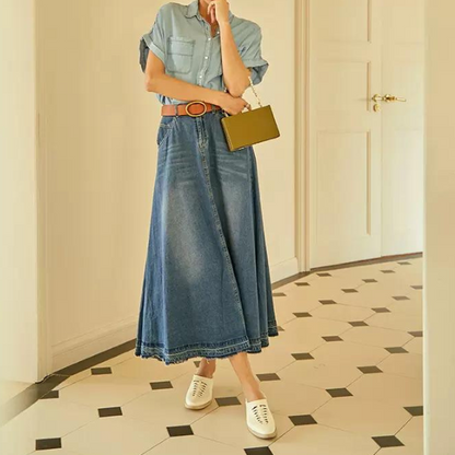 デニムミモレ丈フレアスカート w-012