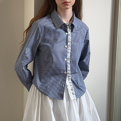 ギンガムチェック柄レースディテールシャツ　《Z00739》