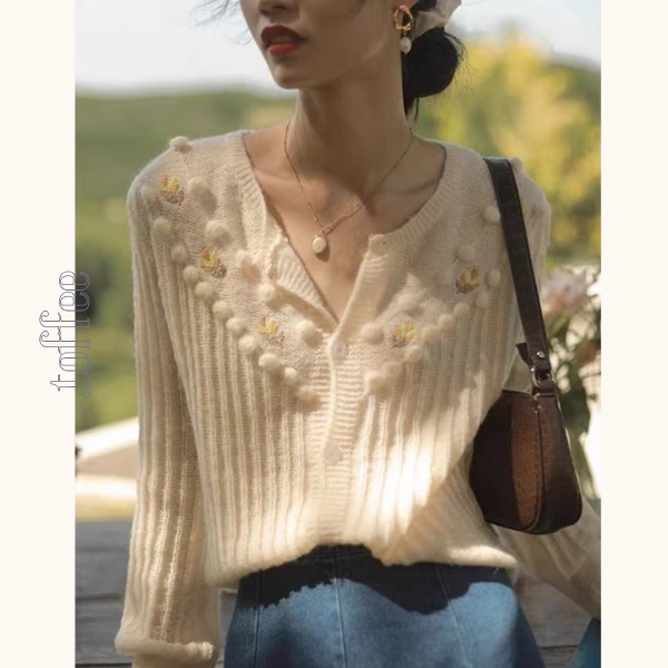 【2color】V字立体装飾のショートニットカーディガン《Z01292》