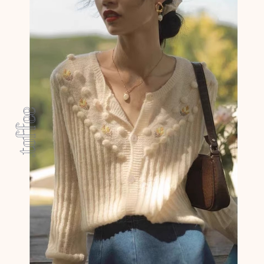 【2color】V字立体装飾のショートニットカーディガン《Z01292》