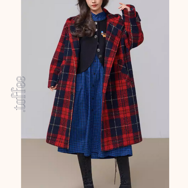 レッドタータンの英国調フーディーロングコート《Z01239》