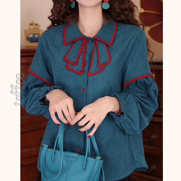 赤縁リボン風カラーのパフスリーブブラウス《Z01296》