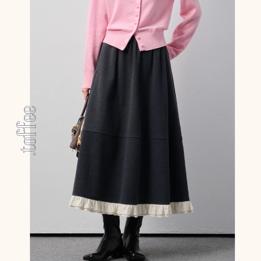 白レースが映えるチャコールAラインロングスカート《Z01188》