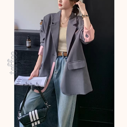 ピンク配色のカラーブロックスーツジャケット《Z01332》