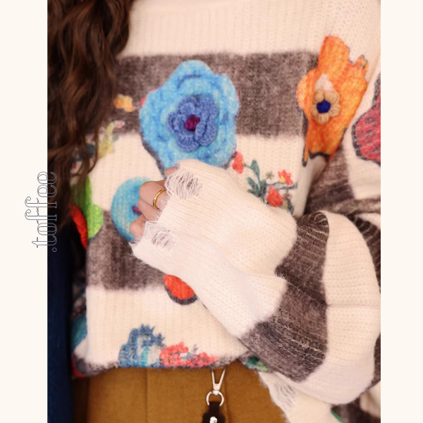 花柄パフスリーブのボーダーニットプルオーバー《Z01288》