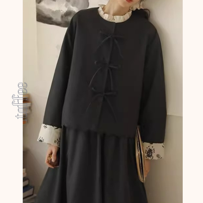 リボン留め×レイヤード風ブラックセットアップ《Z01358》