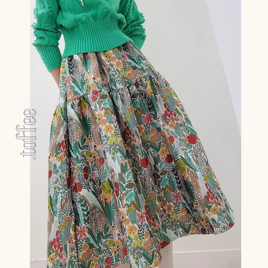 【2color】レトロ花柄が揺れるミモレ丈フレアスカート《Z01307》