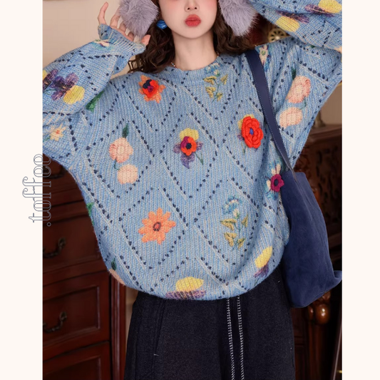 花柄ダイヤパターンのニットプルオーバー《Z01287》