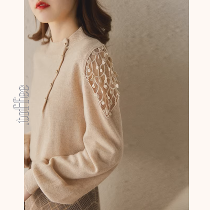 【3color】肩メッシュが映える＊アシメボタンの上品ニット《Z01199》