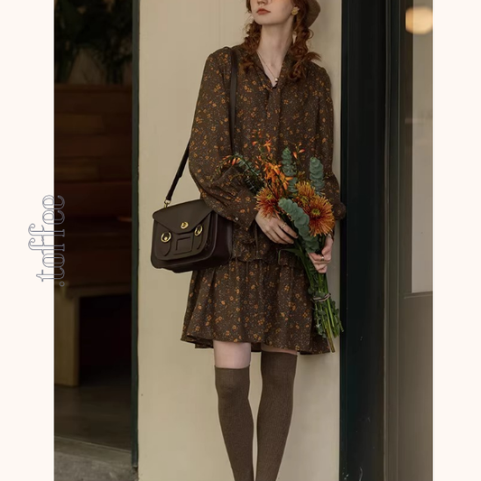 小花柄ブラウン×ボウタイワンピース《Z01316》