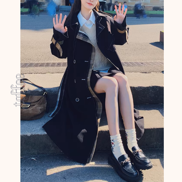 内側チェックのクラシックダブルブレストロングコート《Z01241》