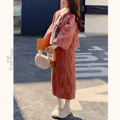 淡紅ファーリボンジャケット＆ミモレ丈スカートのセットアップ《Z01268》