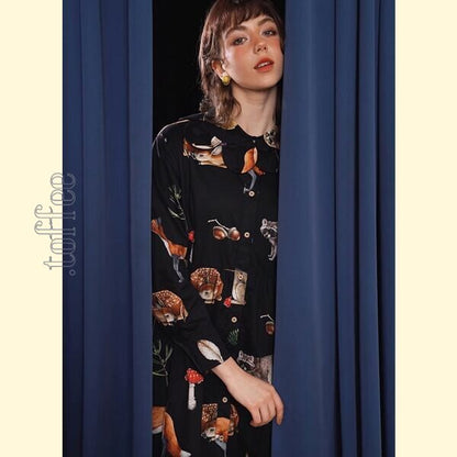 レトロエレガンス：クラシックアートのブラックシャツワンピース 《C0209》