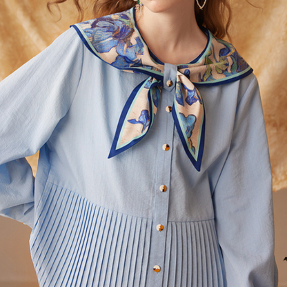 【4color】ゴッホのアートプリント入りプリーツシャツ X-516