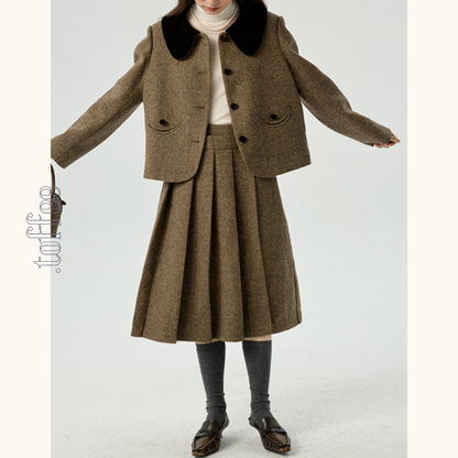 ヘリボーン柄ショートジャケット＆プリーツミディスカートのセットアップ　Z00481