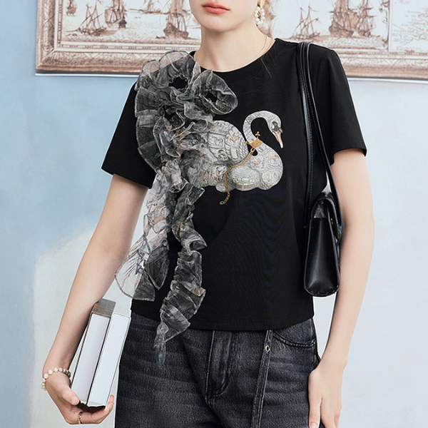 チュールリボンと水鳥プリントのブラックTシャツ《Z01060》