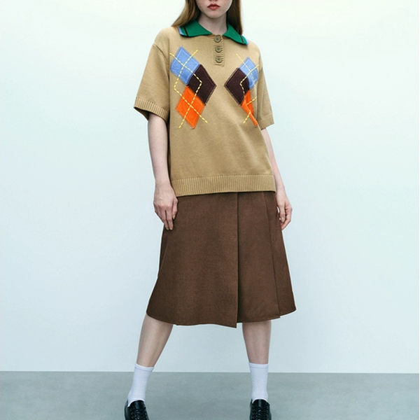 カラフルアーガイル柄半袖ニットトップ　Z00543