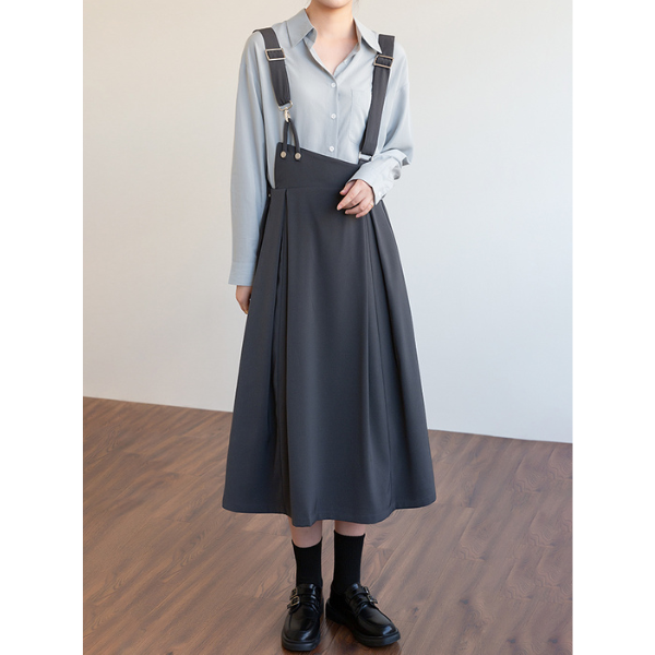 【3color】アシンメトリーサスペンダースカート X-313