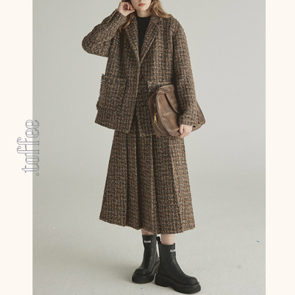 千鳥格子ツイードジャケット＆ロングプリーツスカートセットアップ　《Z00775》