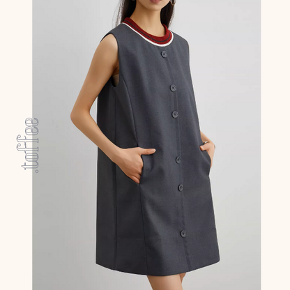 コントラストカラーフロントボタンノースリーブミニワンピース《Z00945》