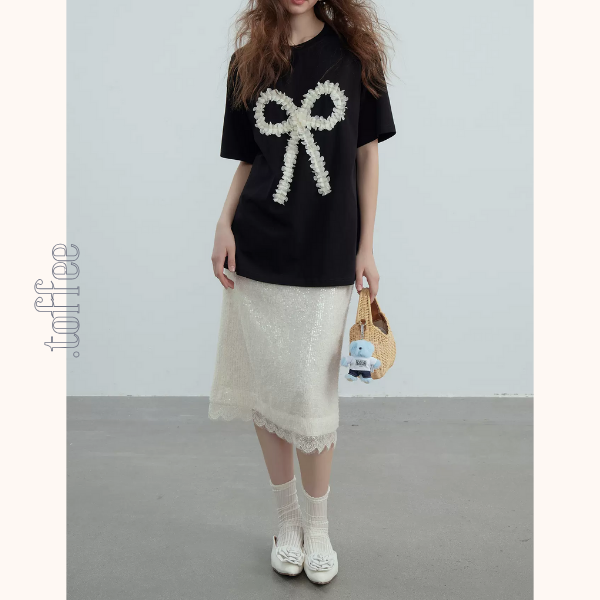 【2color】フロントリボンオーバーサイズTシャツ　Z00362