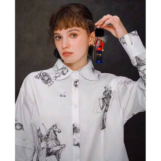 【2color】くるみ割り人形プリント2WAYスリーブシャツブラウス C0108