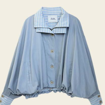 無地×ギンガムチェックのコントラストカラーバルーンジャケット　《Z00765》