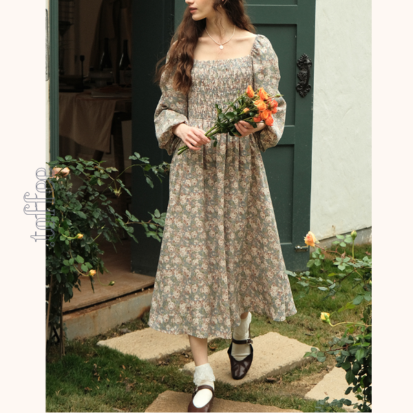 小花柄パフスリーブミモレ丈ワンピース　《Z00745》