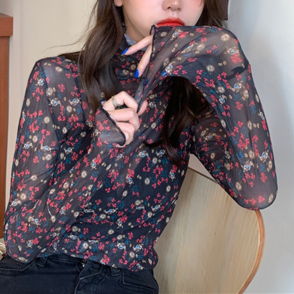 【5color】レトロな花柄シースルートップス Z00105