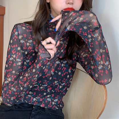 【5color】レトロな花柄シースルートップス Z00105