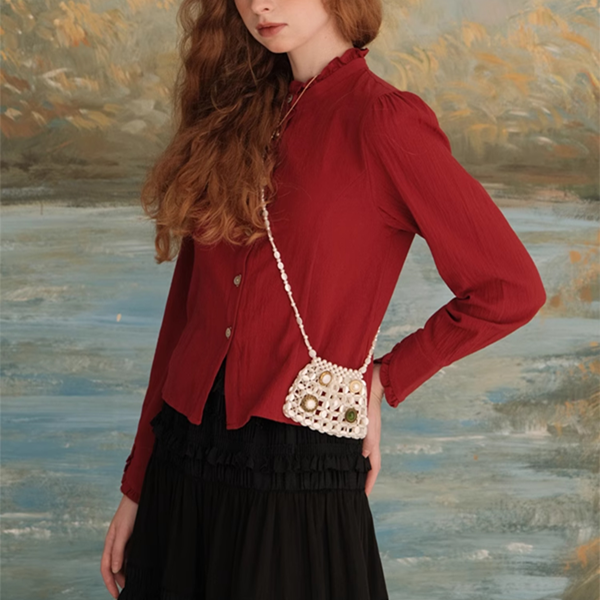 【2color】フリルネックショートブラウス　《Z00618》