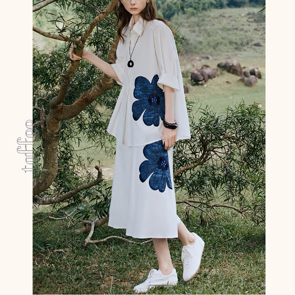 フラワー刺繍オーバーサイズシャツ＆Aラインミモレ丈スカートセットアップ《Z00927》