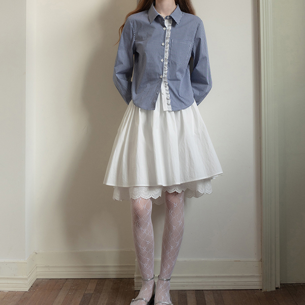 ギンガムチェック柄レースディテールシャツ　《Z00739》