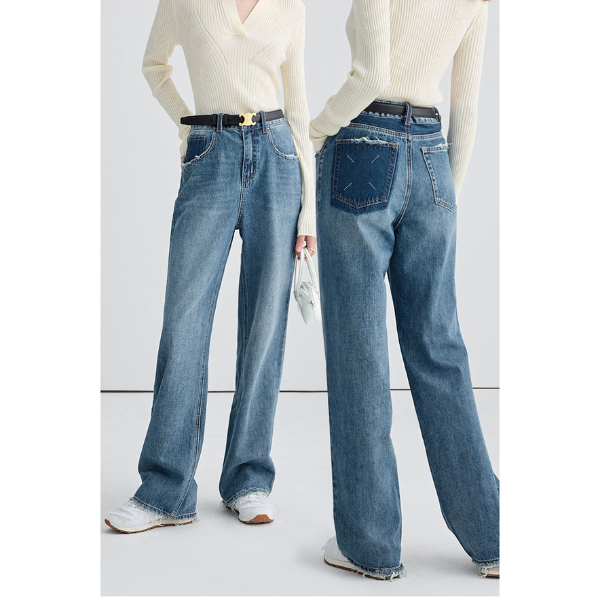 デニムブルーハイウエストワイドレッグジーンズ X-539