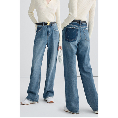 デニムブルーハイウエストワイドレッグジーンズ X-539