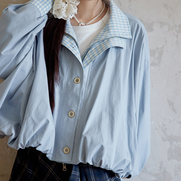 無地×ギンガムチェックのコントラストカラーバルーンジャケット　《Z00765》